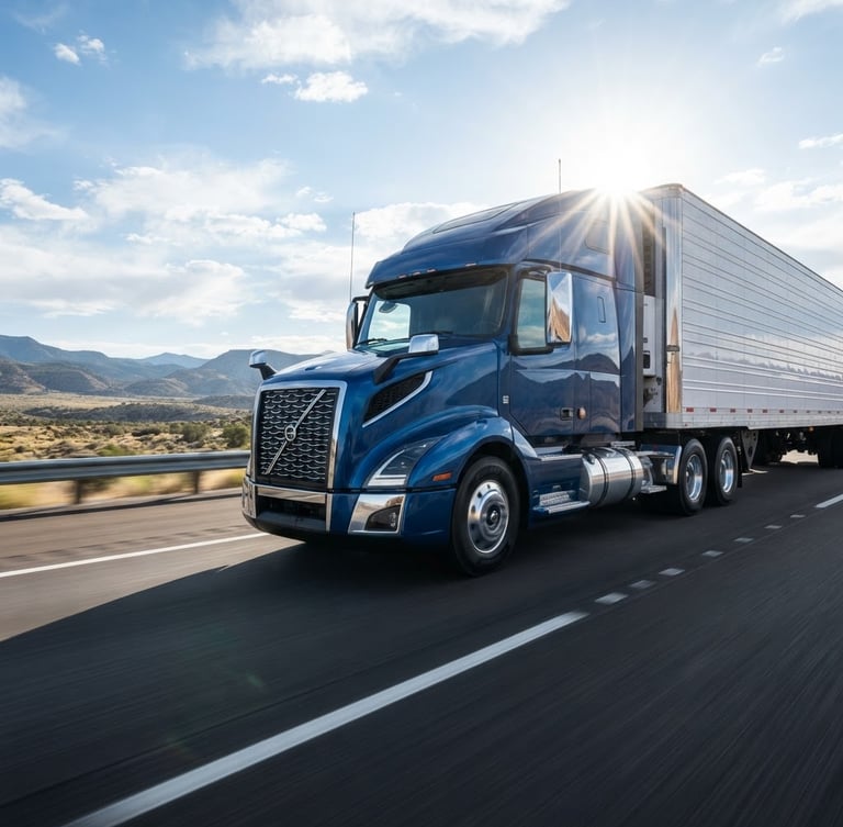 Dynamic low-angle shot of a modern commercial semi-truck driving on a clean US highway under bright natural daylight, crisp sun-flare, professional commercial photography style