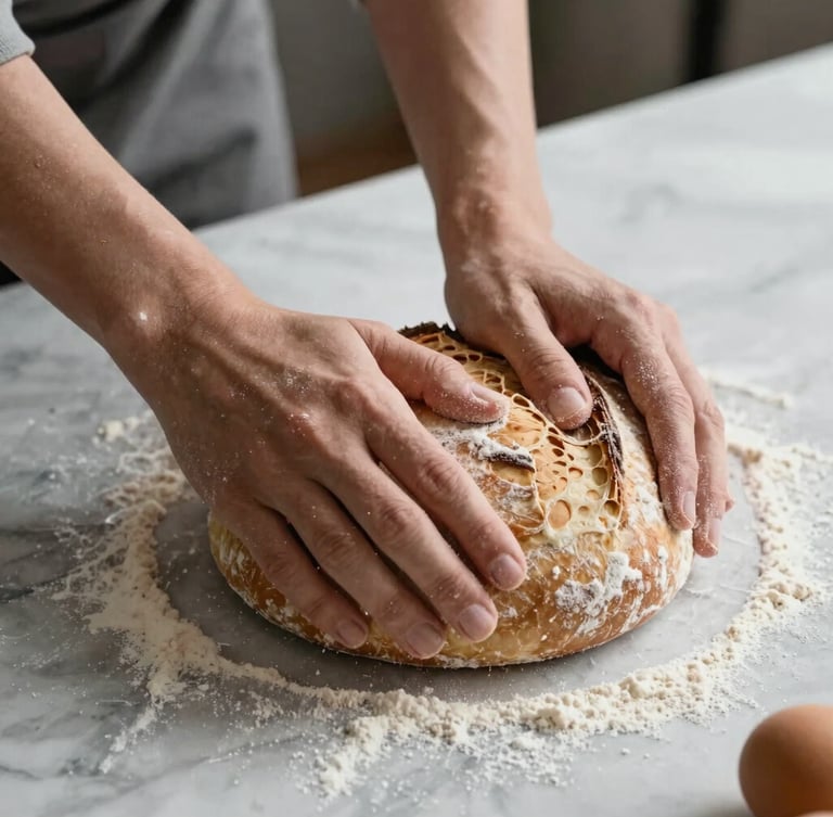 Close-up of hands kneading sourdough on a floured marble counter, soft morning light, high contrast, warm textures.
