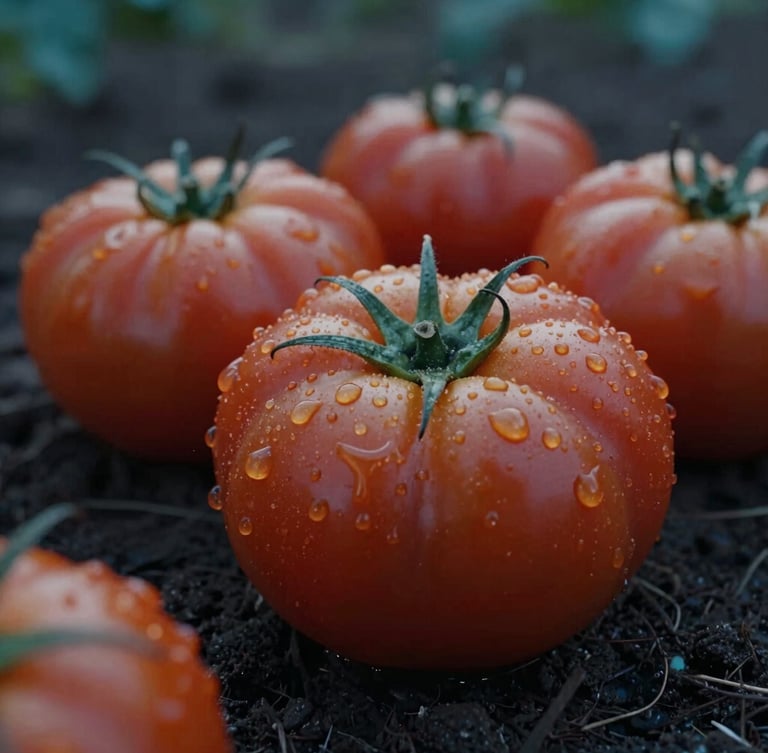 Close-up of fresh heirloom tomatoes with water droplets, resting on dark soil, soft Scandinavian evening light, cinematic 21:9 framing.