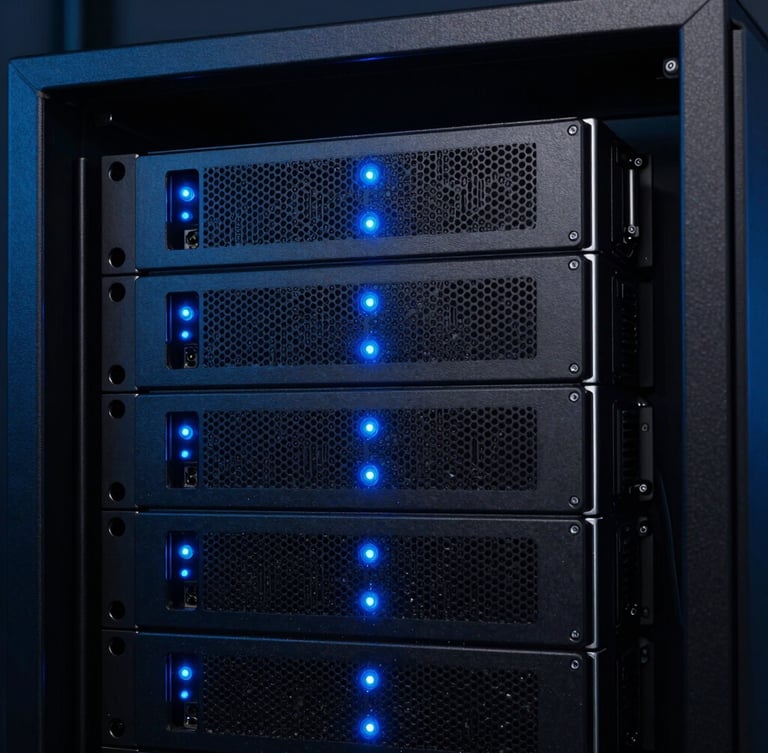 Sleek tech photography, close-up of a modern server rack with cool blue neon indicator lights, deep charcoal tones, sharp macro focus, high contrast, 35mm