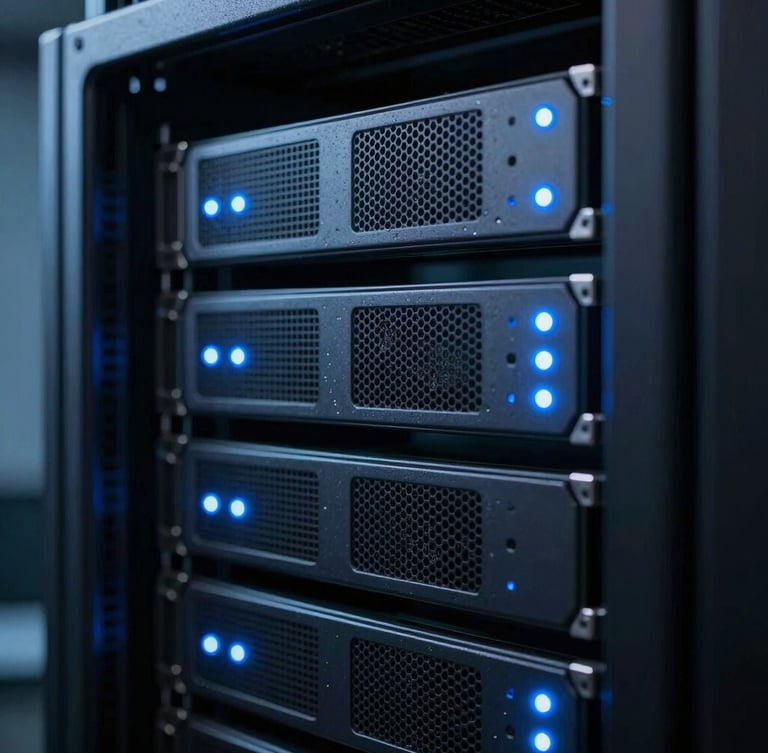 Macro shot of modern server racks with glowing blue status lights, cool-toned studio lighting, high contrast, 35mm