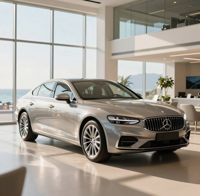 Polished luxury car parked inside an immaculate, modern, high-key white showroom with floor-to-ceiling windows and bright natural sunlight reflecting off the metallic paint