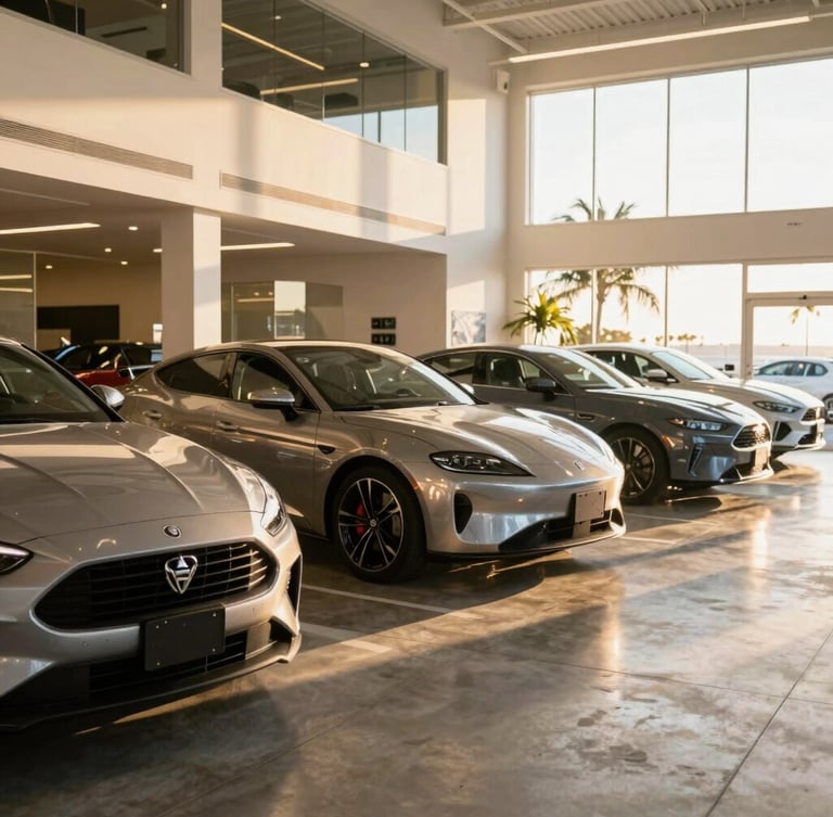 Wide-angle editorial photograph of an immaculate modern automotive showroom in Davie, warm golden-hour sunlight reflecting on pristine metallic car bodies, clean concrete floor.