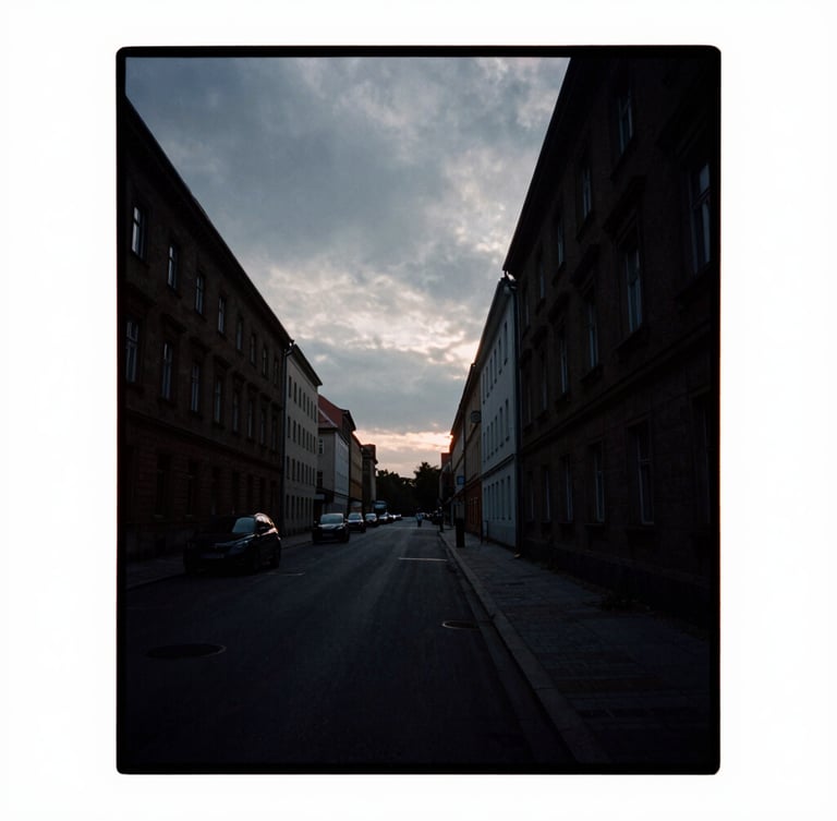 Moody cinematic film photography of a dark Berlin street under overcast sky, high contrast shadows, anamorphic lens, 35mm grain
