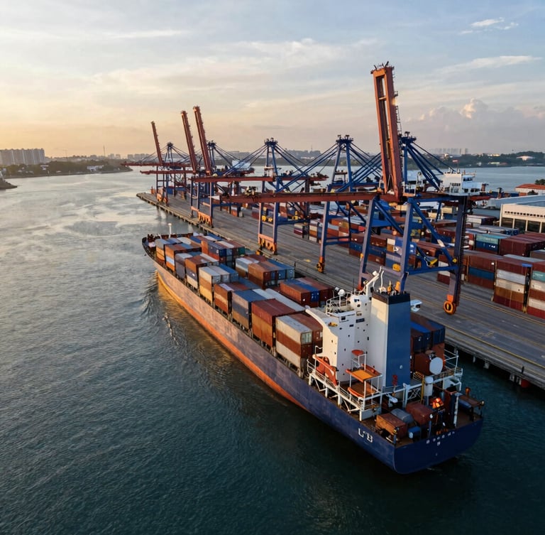 Aerial drone photography of Singapore port at golden hour, massive container ships navigating deep blue shipping channels under warm low sun.