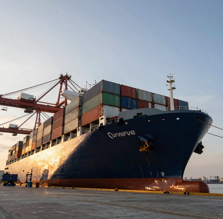 Low-angle dramatic portrait of a massive deepwater container vessel docked at a high-tech Singapore port terminal during golden hour, metallic tones