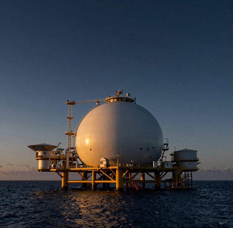 Dramatic editorial portrait of an offshore LNG terminal at dusk, low-sun golden hour, deep navy and metallic tones, ultra-wide anamorphic lens perspective