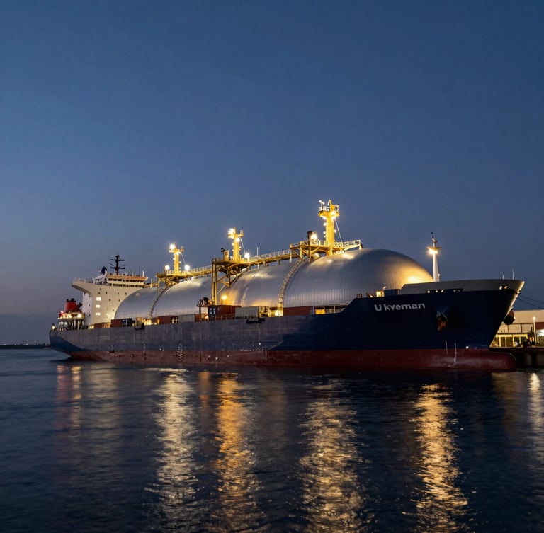 Low-angle dramatic twilight shot of a massive LNG terminal with deepwater container vessels docked, glowing metallic structures reflecting on dark water.