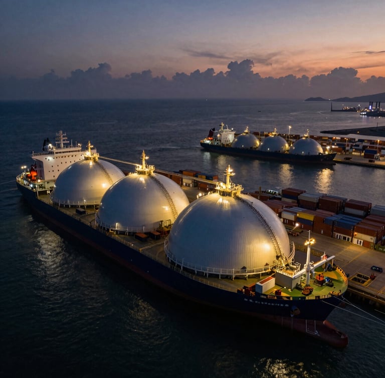 Ultra-wide aerial drone shot of a massive LNG terminal at dusk, deepwater container vessels moored alongside, dramatic twilight lighting with deep navy and metallic tones.
