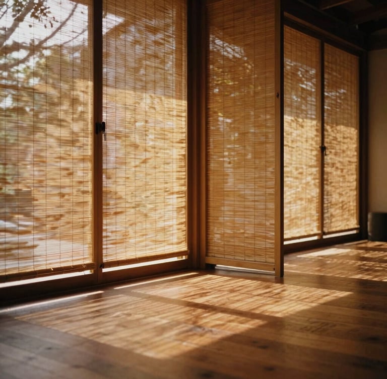 An architectural detail of a hand-selected wooden yoga shala, sunbeams filtering through bamboo screens onto a polished teak floor, serene and quiet atmosphere.