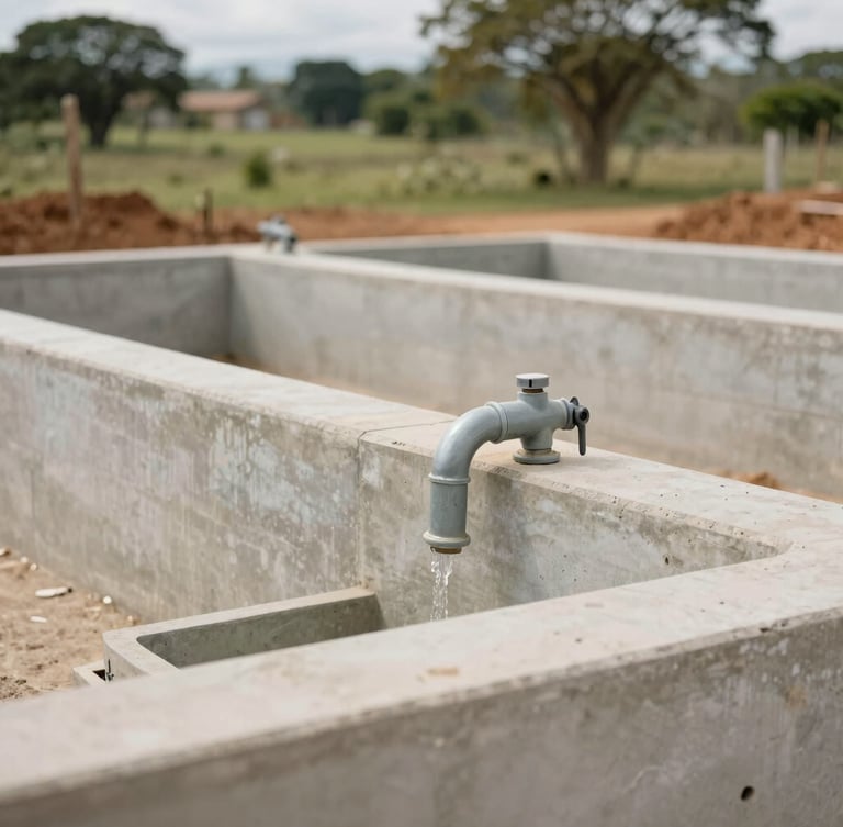 Documentary close-up of a newly constructed community water facility in rural Colombia, clean concrete structures, soft daylight, sharp focus on structural details.