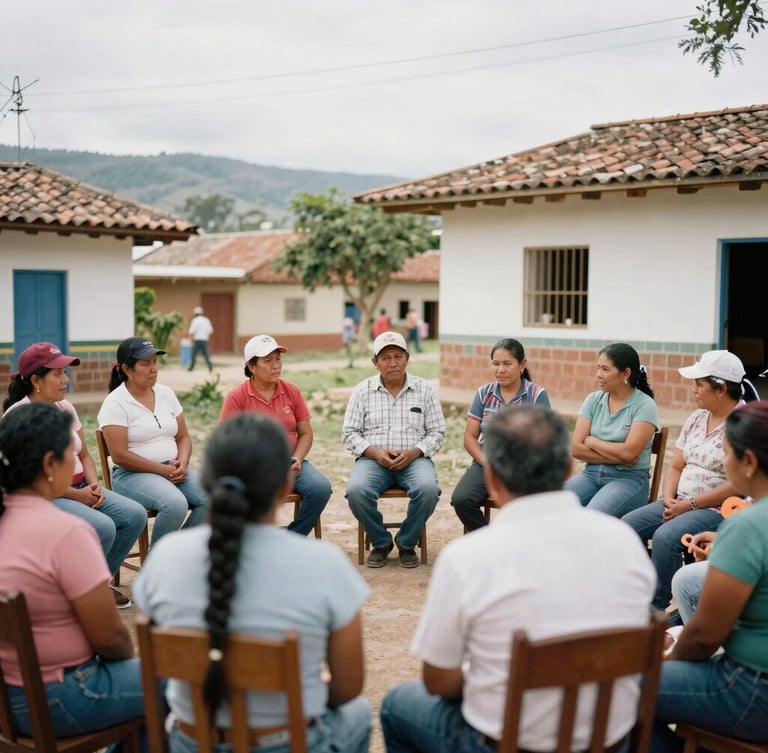 Authentic documentary photography, warm Colombian daylight, community members participating in a local assembly in a rural Colombian town, editorial 35mm style