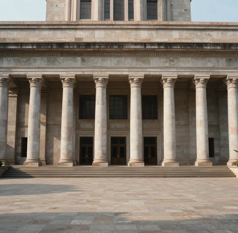 Symmetrical architectural shot of the Telangana High Court stone facade, classic columns under soft diffused daylight, clean composition with generous negative space on the left.