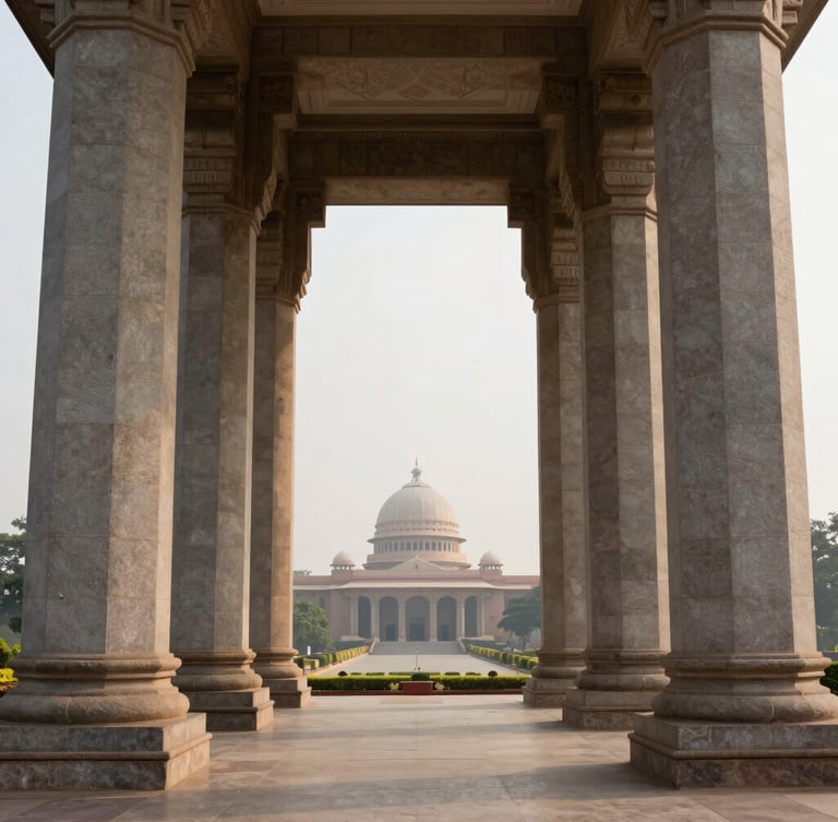 Symmetrical architectural view of the Telangana High Court stone pillars, diffused morning daylight, clean composition.
