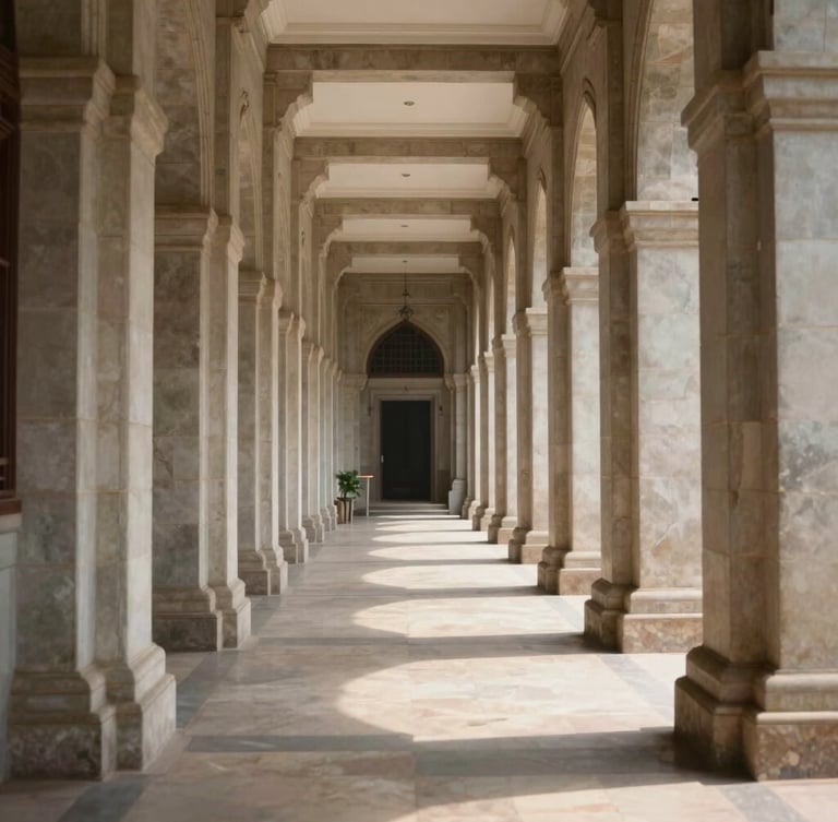 Symmetrical architectural perspective of the Telangana High Court corridor, clean stone pillars, soft natural daylight casting long shadows, dignified institutional atmosphere.
