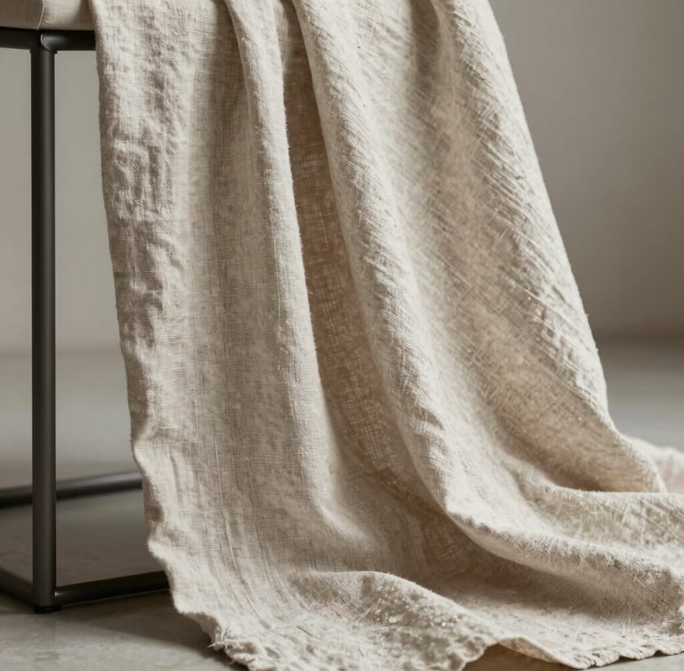 Close-up of heavy neutral linen fabric draped elegantly on a minimalist matte metal stand, soft indirect morning light