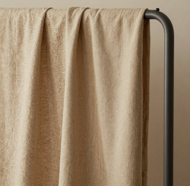 Close-up portrait of heavy linen fabric draping over a minimalist matte metal rack, soft indirect north-facing daylight, gentle shadows, warm camel beige tones.