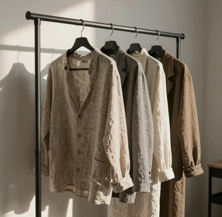 Vertical shot of minimalist matte metal clothing racks holding neutral linen garments in a sunlit Millcreek workshop, soft shadows, editorial framing.