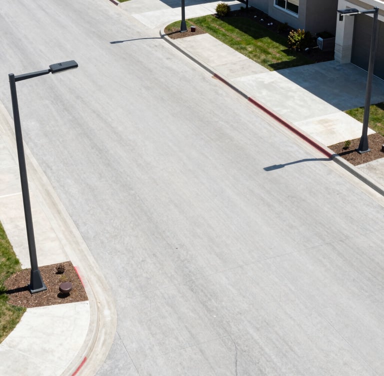 Close-up of newly paved wide concrete roads with modern streetlights and neat curbs in a premium gated community, bright daylight, 35mm