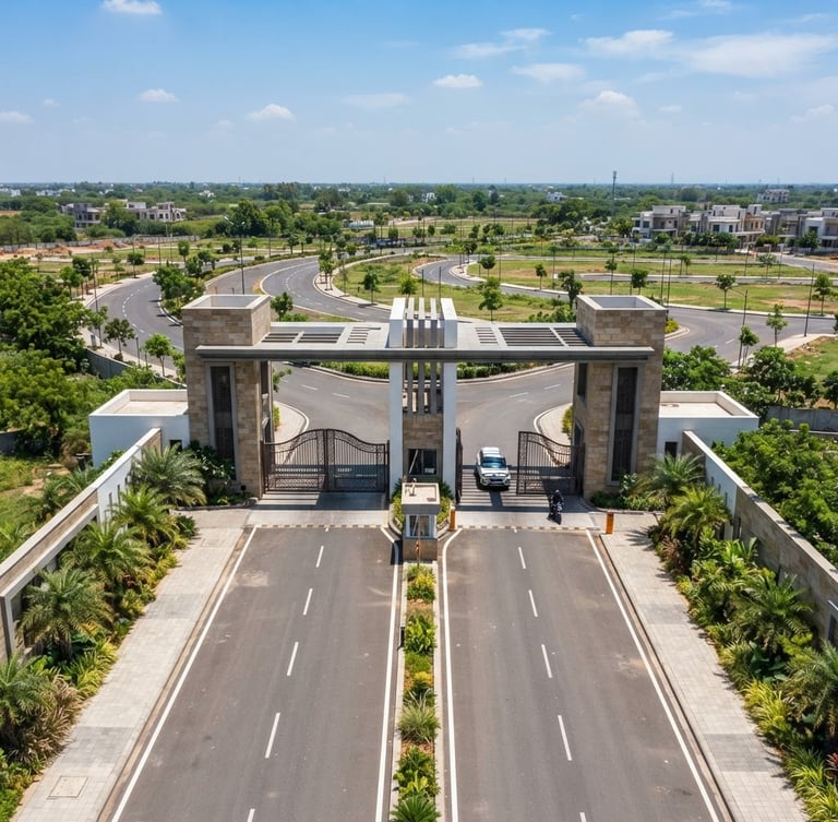Sharp architectural drone photography of a premium gated plotted township entry gate, bright midday sun, clean geometric lines, high-contrast professional real estate, 35mm