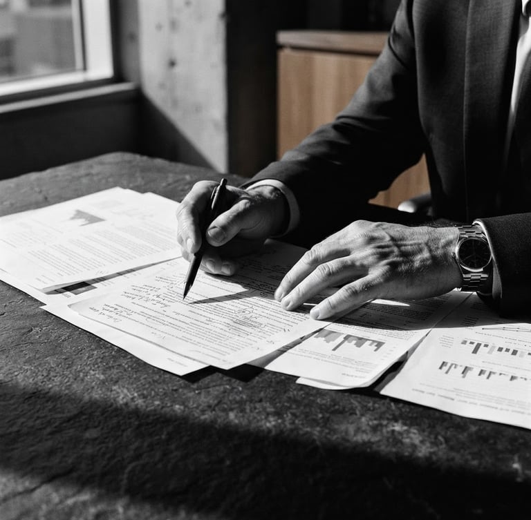 Monochromatic close-up of focused executive hands reviewing physical documents on a dark slate table, sharp natural light, deep navy shadows, 35mm lens