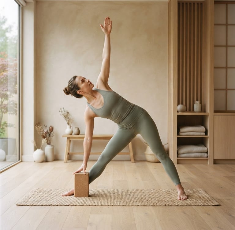 Detailed shot of a yoga instructor demonstrating a precise alignment in a modern Japandi studio, soft natural light, minimalist composition, light wood and textured walls, 35mm lens