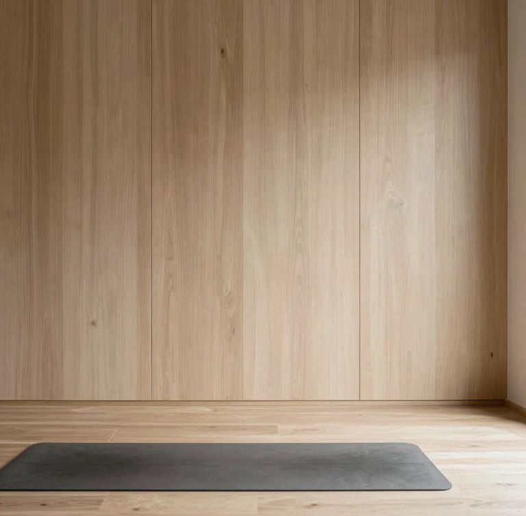Vertical portrait shot of the clean architectural lines inside a Japandi yoga studio, focusing on soft shadows and light wood textures, a single yoga mat in the foreground, minimalist composition, natural light, 35mm lens.