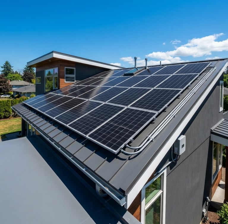 Wide-angle architectural shot of a residential solar array on a modern grey roof under bright direct sunlight, crisp shadows, clean electrical conduit visible on the right side.