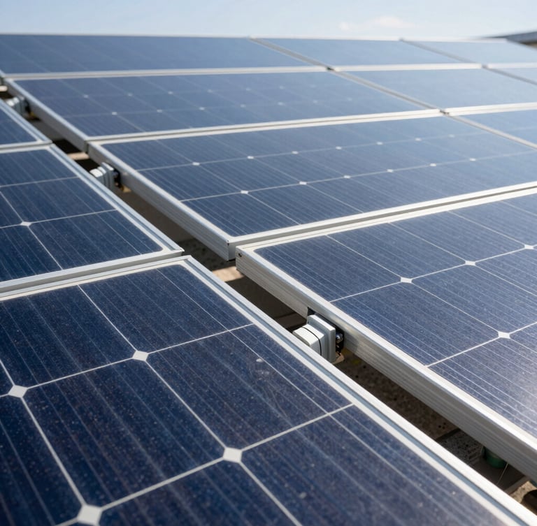 Close-up of clean electrical conduit work on a solar array, bright direct sunlight, high-contrast, technical detail.