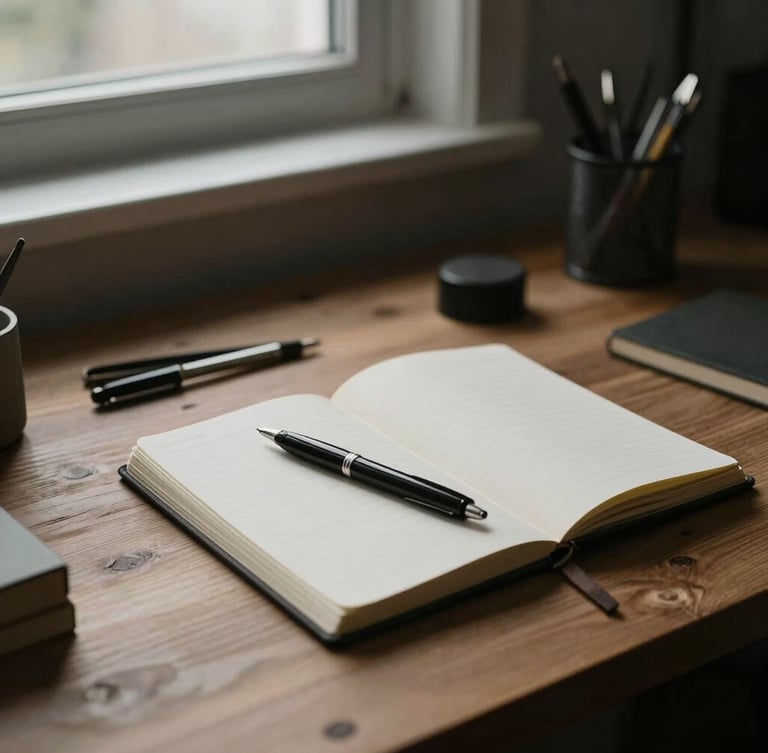 Candid environmental wide shot of a minimalist wooden workspace with analog tools, a high-quality pen resting on a notebook, soft directional natural window light, deep desaturated tones