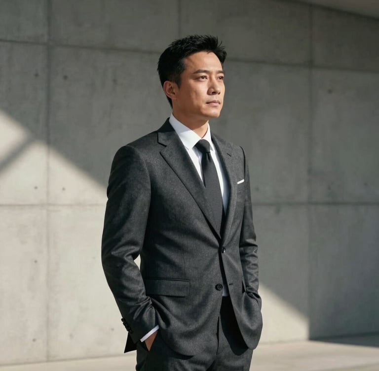 Sophisticated executive portrait of a male strategist in a charcoal suit, natural side lighting, deep shadows, minimalist concrete background, cinematic editorial framing.