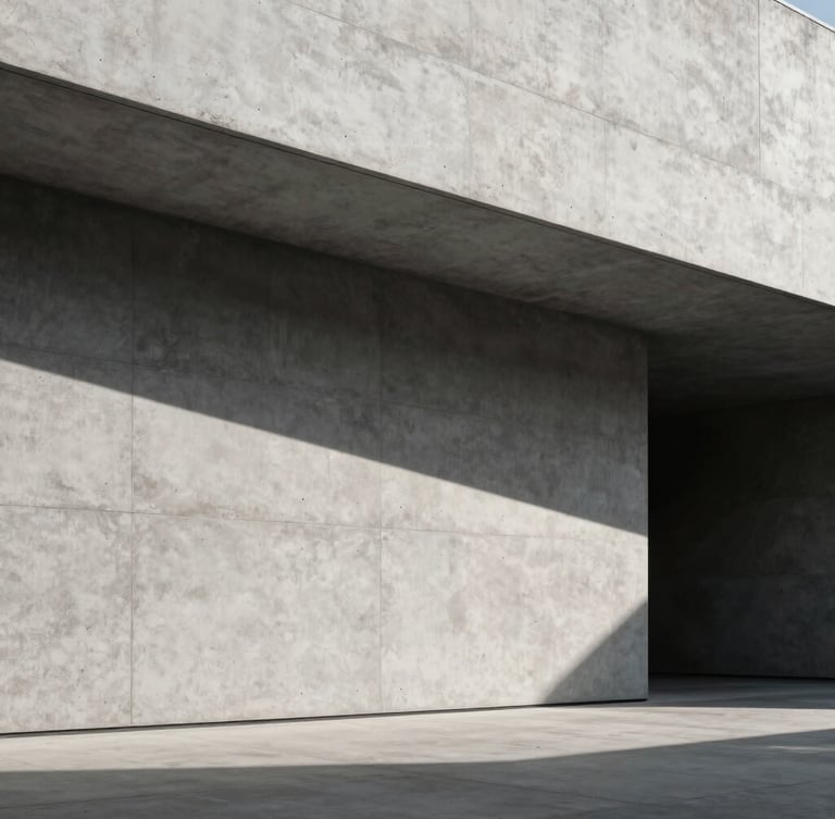 Wide cinematic architectural shot of a minimalist concrete building facade under sharp, high-contrast sunlight, deep shadows, clean lines, grayscale