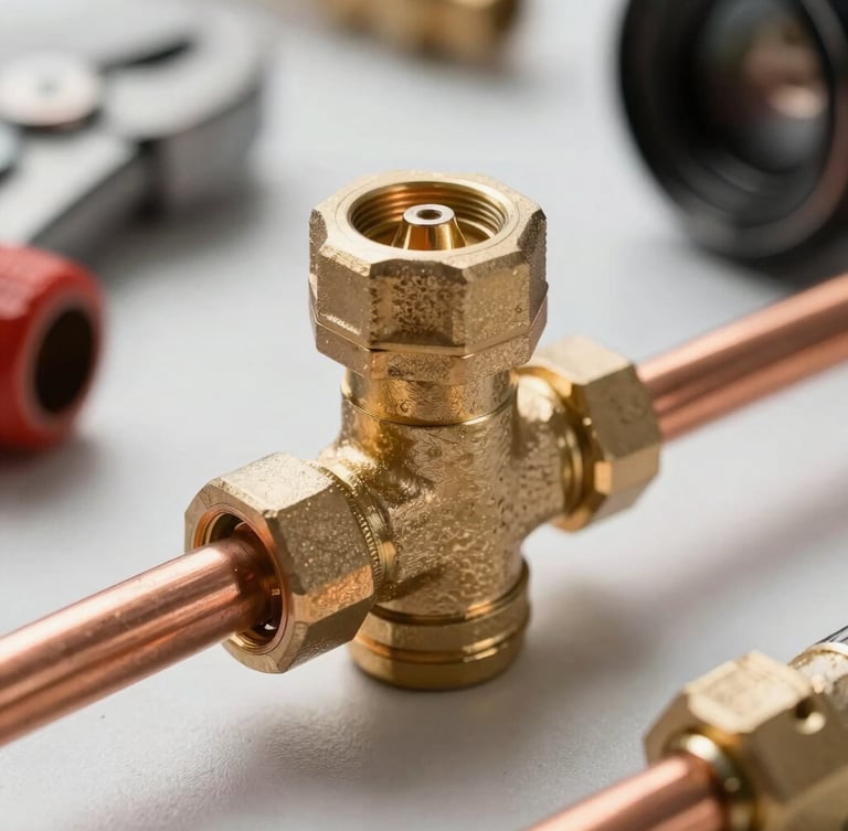 Close-up of professional plumbing tools and copper pipe connections, bright utility lighting, focusing on a newly installed brass valve