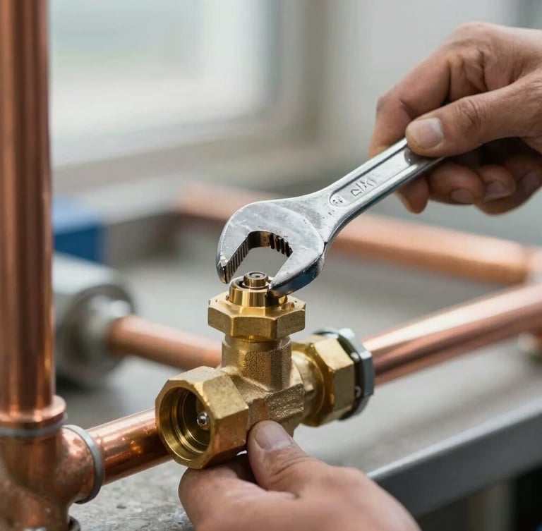 Close-up of a professional technician tightening a brass valve with a polished wrench, clean copper pipes, bright natural utility daylight, technical precision.