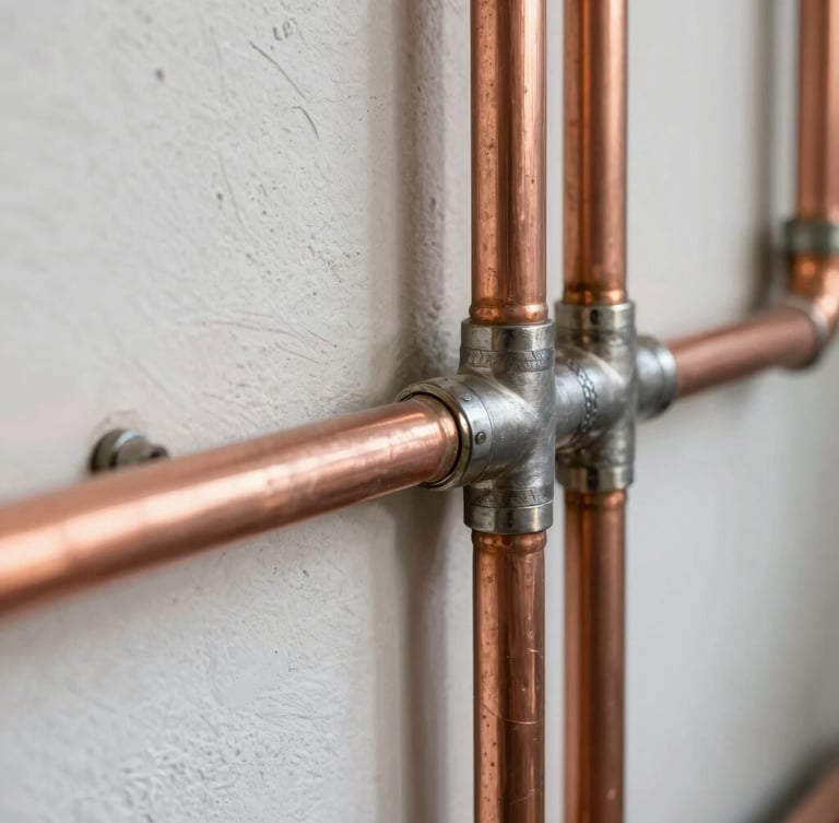 Close-up of clean copper pipes neatly aligned and soldered on a plaster wall, bright natural daylight, technical precision