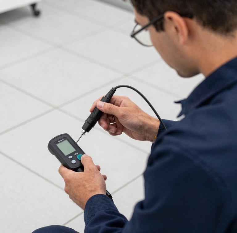 A professional technician in a clean navy uniform using acoustic leak detection equipment on a modern tiled floor, crisp daylight, close-up on the sensor