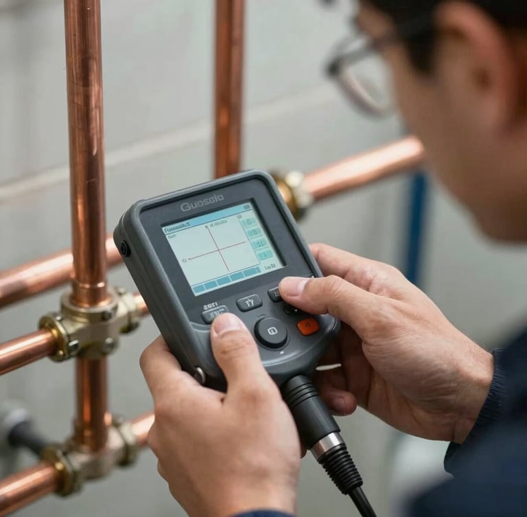 Close-up of a professional technician's hands using a digital leak detection screen on a clean copper pipe system, bright natural daylight, technical precision.