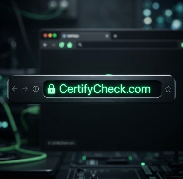 Sleek dark browser address bar mockup showing CertifyCheck.com in glowing neon-green font, high-contrast studio lighting, macro perspective