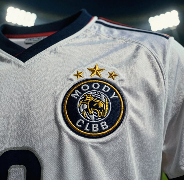 Moody close-up of premium football shirt embroidery, sharp club badge with high-contrast stadium floodlights, deep shadows, 35mm film grain