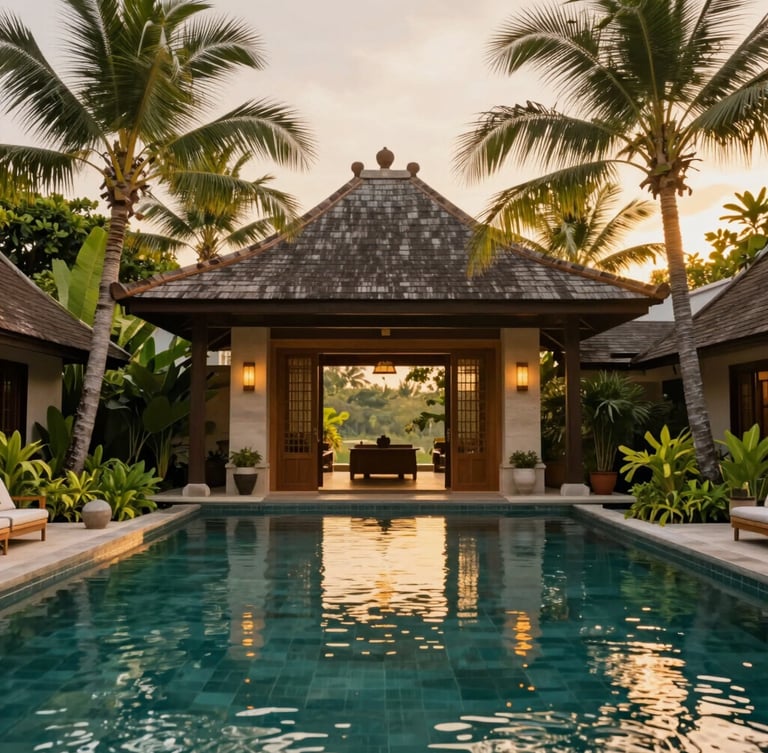 Warm environmental editorial photography of a luxury Balinese resort entrance, golden-hour light reflecting on a clean pool, lush tropical greenery, wide-angle shot.
