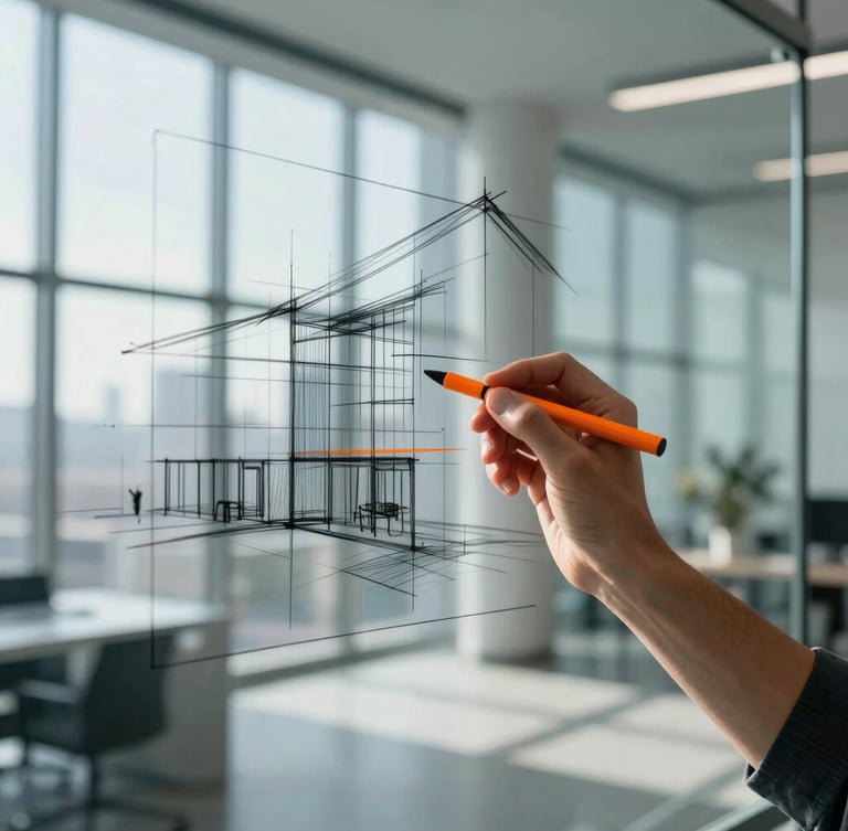 Focused professional sketching a technical diagram on a glass whiteboard, architectural lines of a modern office in background, bright natural window light, high contrast cool tones with sharp orange accents, 35mm
