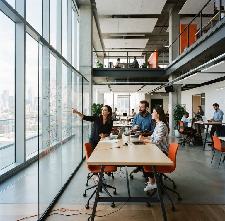Wide panoramic modern collaborative workspace, architectural lines, glass whiteboards with technical diagrams, focused professionals in natural window light, high contrast cool tones with sharp orange accents, 35mm