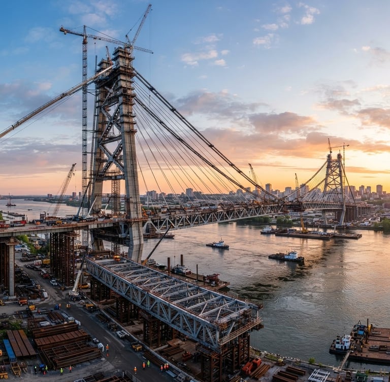 Wide panoramic shot of a massive, modern bridge under construction at sunrise, structural steel girders prominent, sharp daylight, deep slate and steel tones, high contrast, professional corporate.