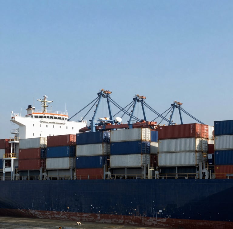 Panoramic view of a busy shipping port with cargo containers being loaded onto a vessel, sharp daylight, deep slate and steel tones, low horizon, wide-angle lens