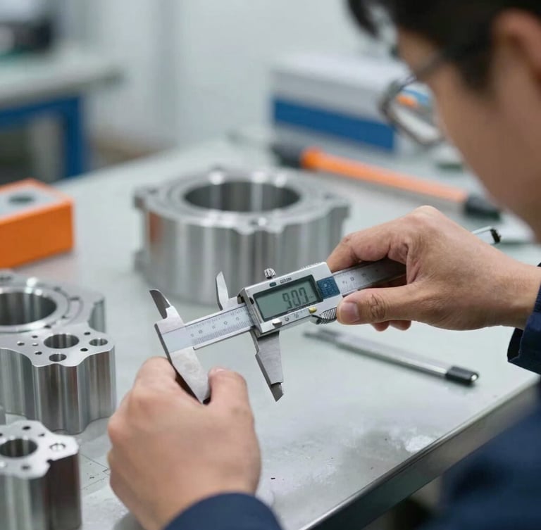 Close-up of a technical inspector using a digital caliper to measure a manufactured metal part on a factory table, sharp focus, industrial documentary style.