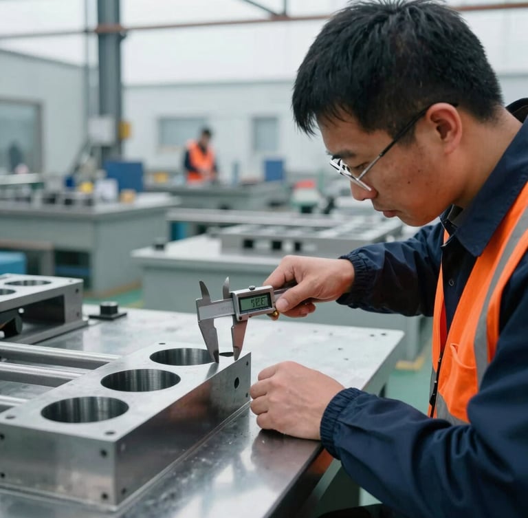Industrial factory floor in China, high-contrast documentary style, quality inspector using digital calipers on a metal component, cool steel tones with sharp safety-orange accents, 35mm photography.