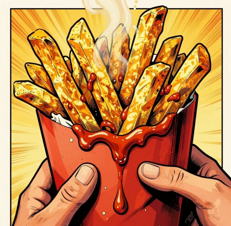 Vibrant Belgian comic book illustration, close-up of hands wrapping a giant, steaming gourmet mitraillette overflowing with golden fries and dripping sauce, bold retro ink outlines.