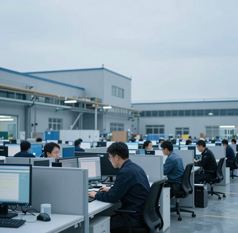 Modern industrial logistics office with technical coordinators working on screens, cool overcast daylight, steel blue tones, sharp focus