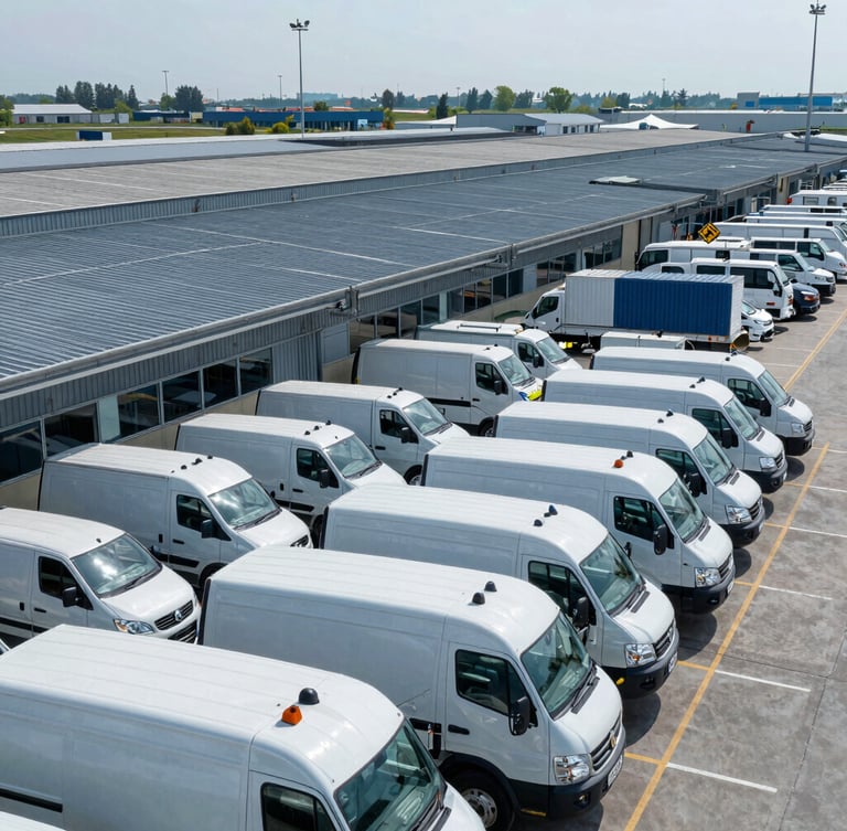 Wide environmental shot of a modern logistics terminal in Serbia, cool-toned industrial daylight, clean fleet vehicles lined up, sharp focus