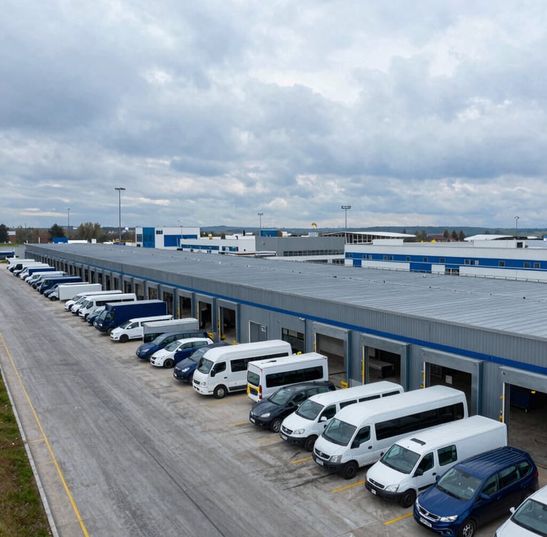 Modern logistics terminal in Belgrade, cool overcast daylight, organized fleet vehicles and structured steel warehouse loading docks, sharp focus